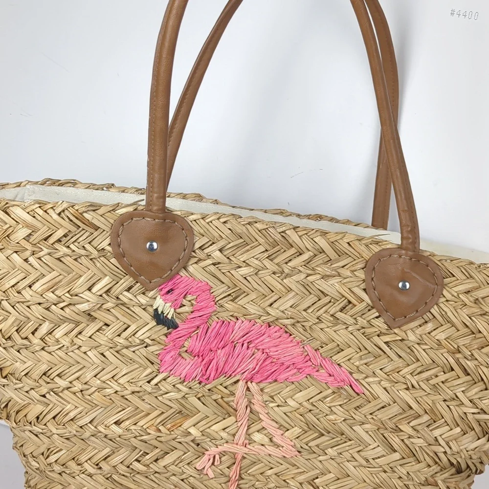 CROWN & IVY Woven Straw Moroccan Pink Flamingo Beach Tote Bag